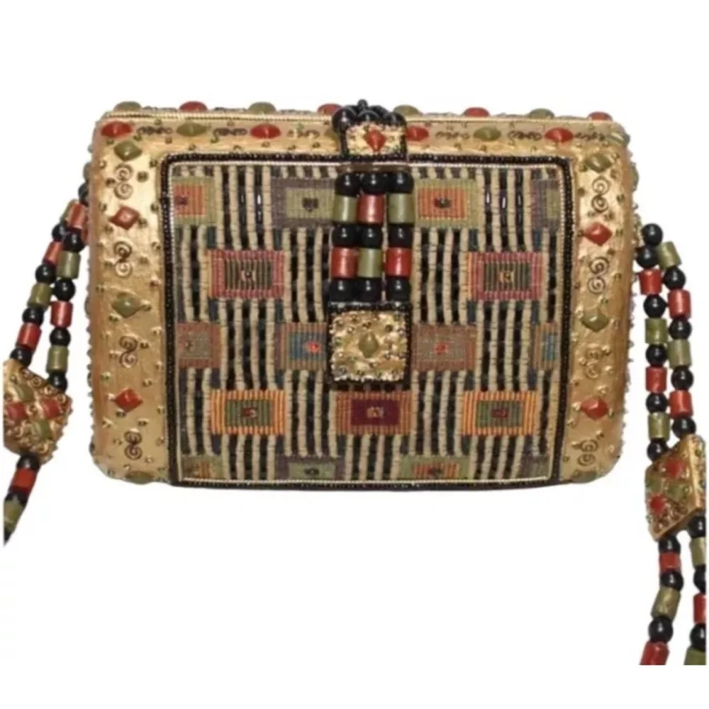 Mary Frances Beaded Gold Black Evening Purse Clutch Handbag Crossbody 7” - Picture 2 of 10